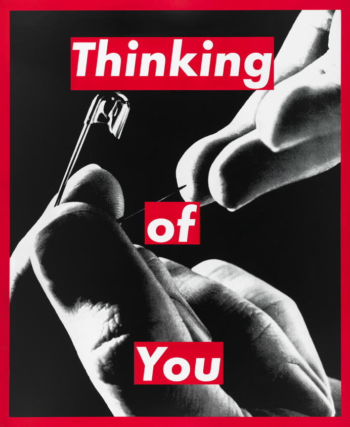 Graphic poster with a hand holding a safety pin, overlaid with the text "Thinking of You" in bold red letters.