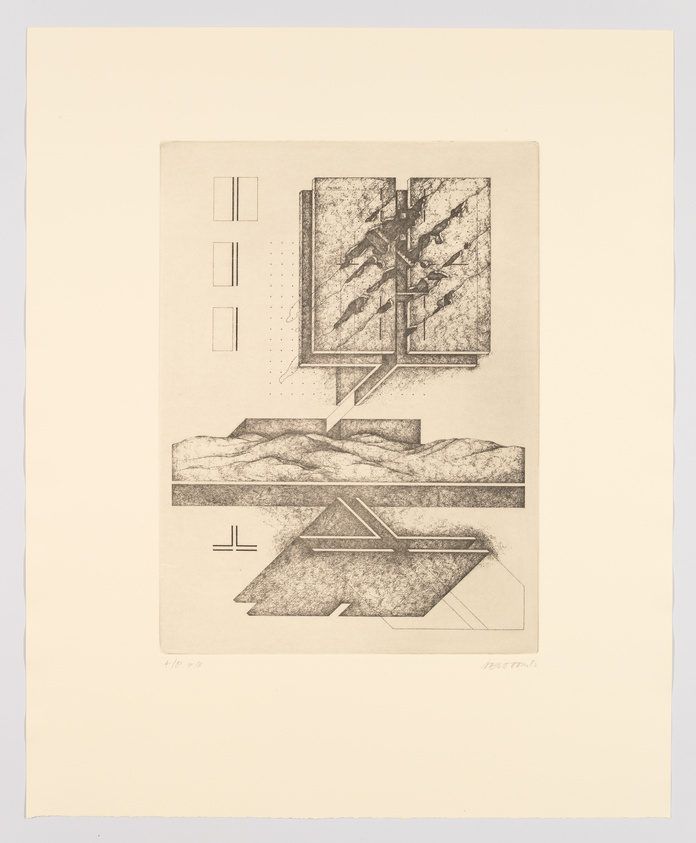 Abstract geometric shapes and lines arranged in a technical drawing style, with textured and shaded areas throughout.