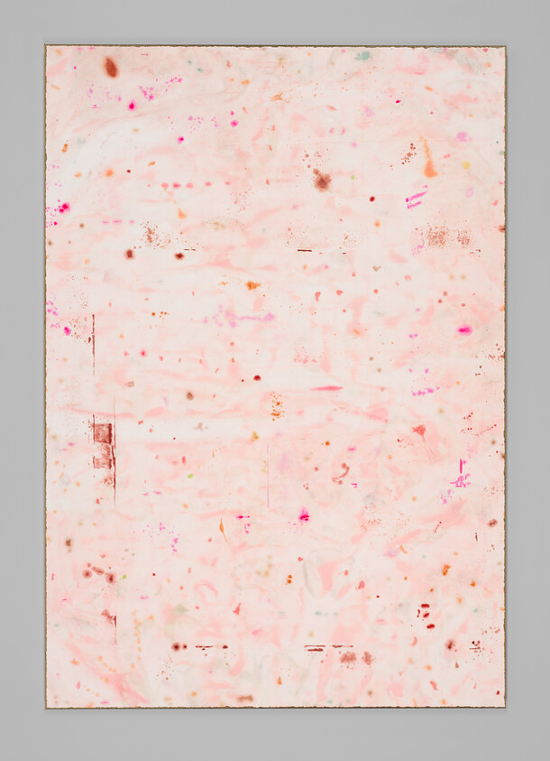 Abstract painting with a pink background, featuring scattered brown and pink spots and smudges.
