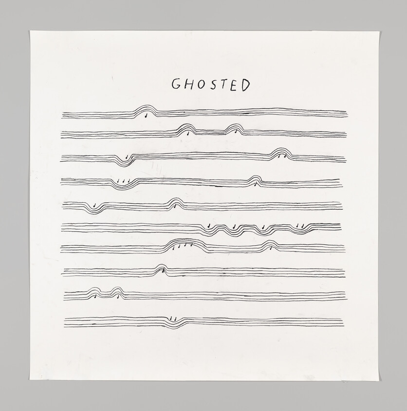 The word "GHOSTED" is above several wavy lines, each with small face-like marks along the curves.