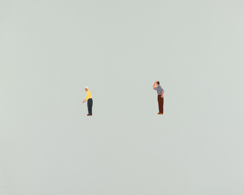 Two miniature figures stand apart on a vast, empty, pale surface. The figure on the left is dressed in a yellow top and black pants, while the figure on the right wears a patterned shirt and brown pants, with one hand raised to their head. The scene conveys a sense of isolation or contemplation.