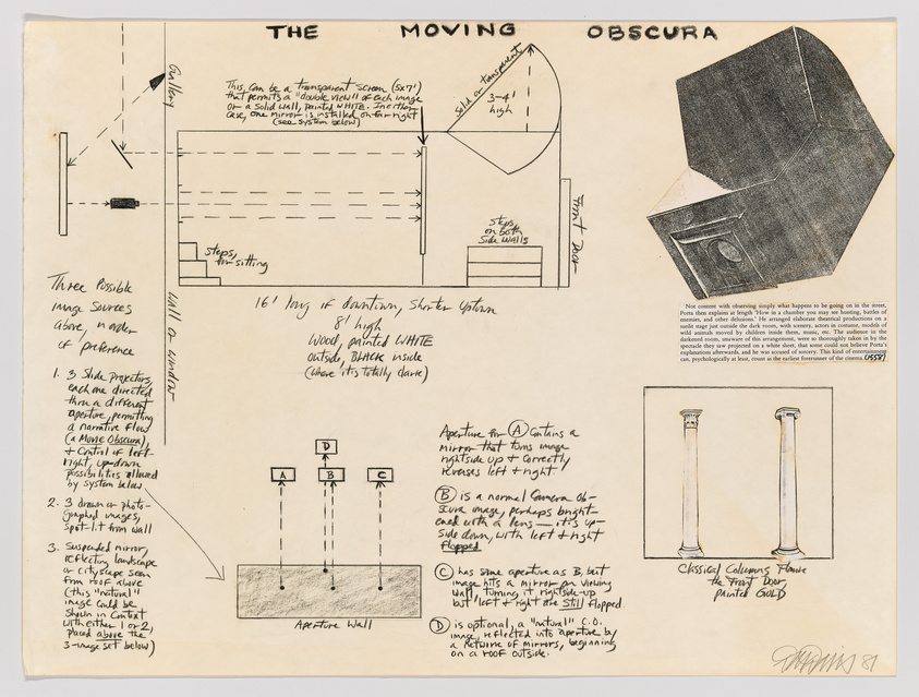 This is a conceptual sketch of "The Moving Obscura," featuring handwritten notes and diagrams. The sketch includes a layout of a room with steps, an aperture wall, and three possible image sources described in detail. There's also a photograph of a camera obscura effect and a drawing of classical columns framing a front door. The artist's signature and the year '81 are visible at the bottom right.