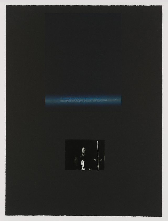 A minimalist artwork with a large black background featuring two small images: one at the top center showing a blue gradient with text, and one at the bottom center depicting a black and white photo of two people, one of whom is holding a microphone.