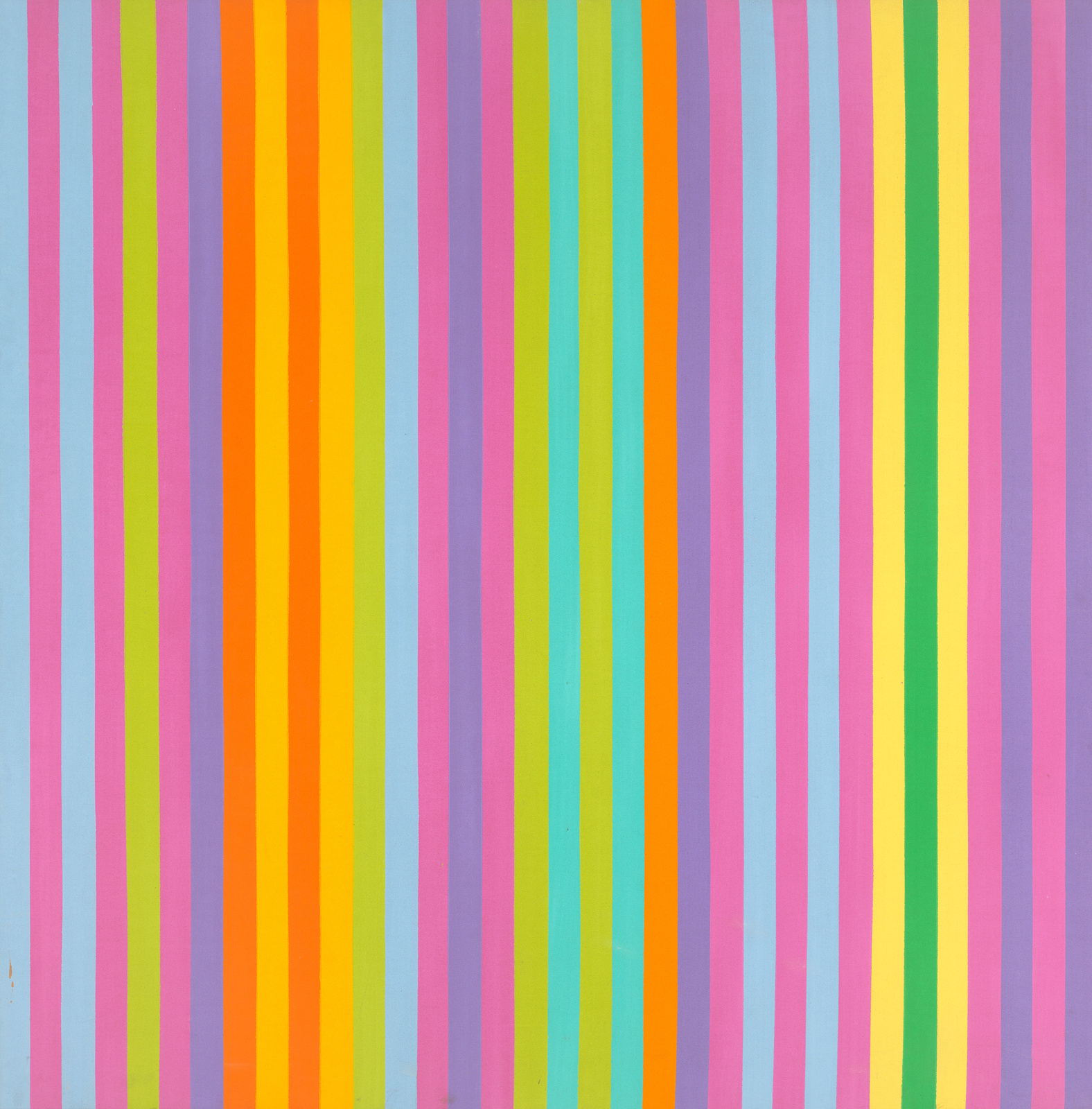 Compact columns of narrow lines in sky blue, candy pink, lime green, lavender, orange, turquoise, and kelly green alternating in a seemingly random order.