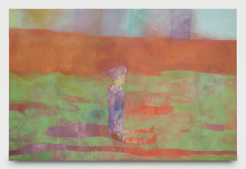 A person with indistinct features sits on the ground in a colorful, abstract outdoor setting.