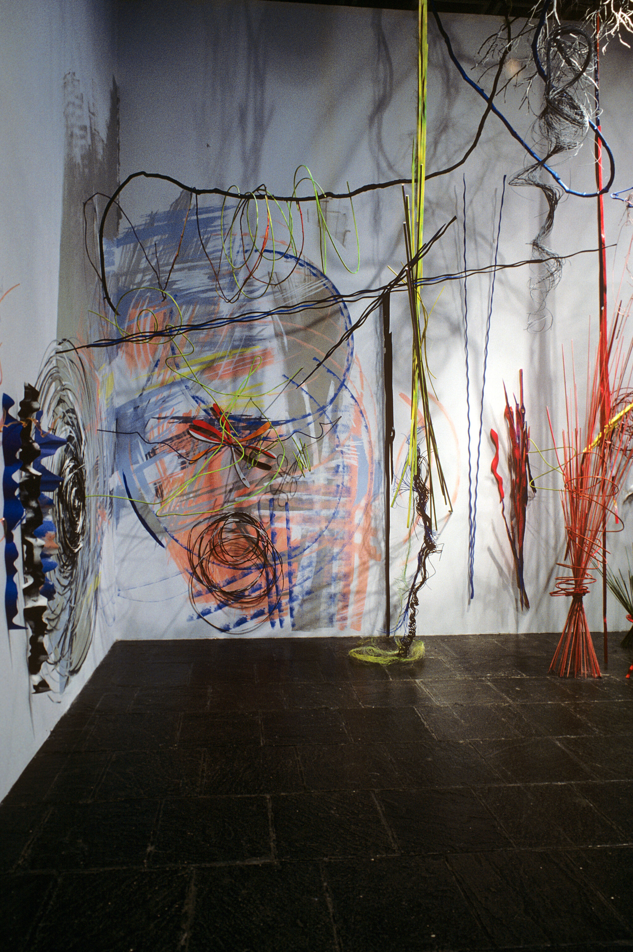 Works of art installed in a gallery.