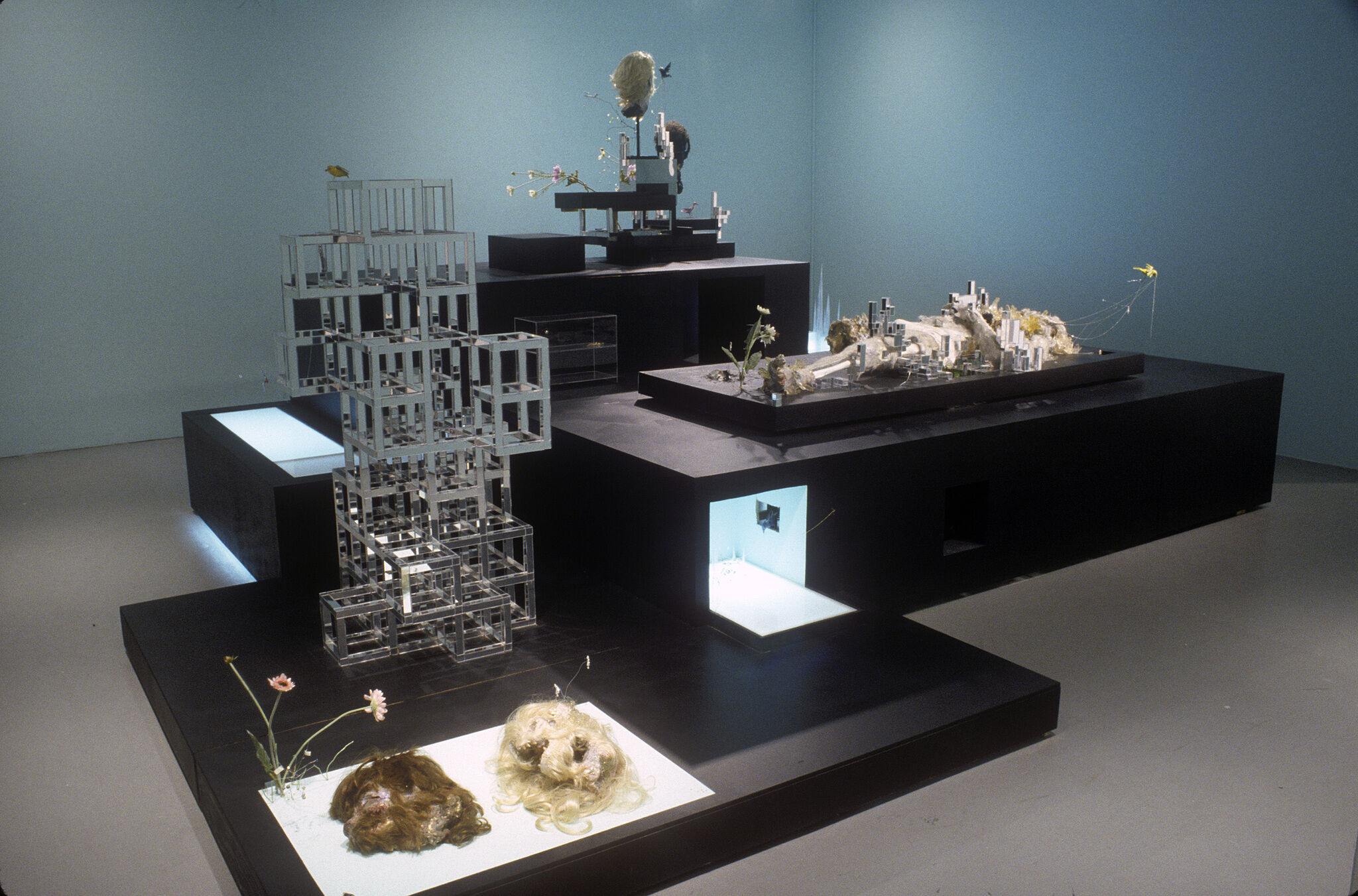 A mixed media installation made up of black platforms, flowers, skeletons, and other objects.