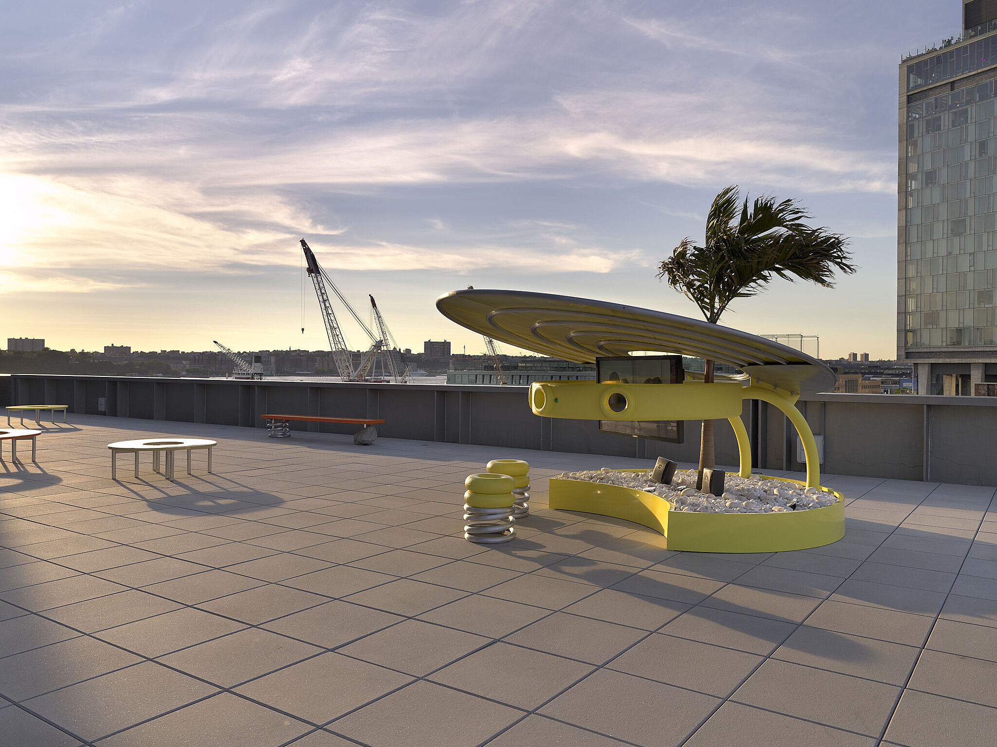 An installation view of artworks on the terrace.