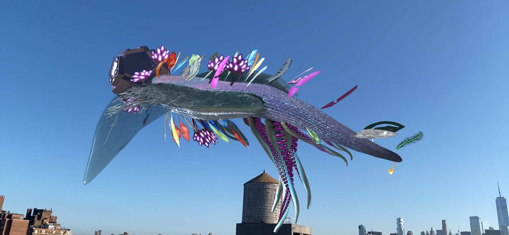 A large creature floats in a very sunny sky over a water tower with many feathers fluttering around its body.