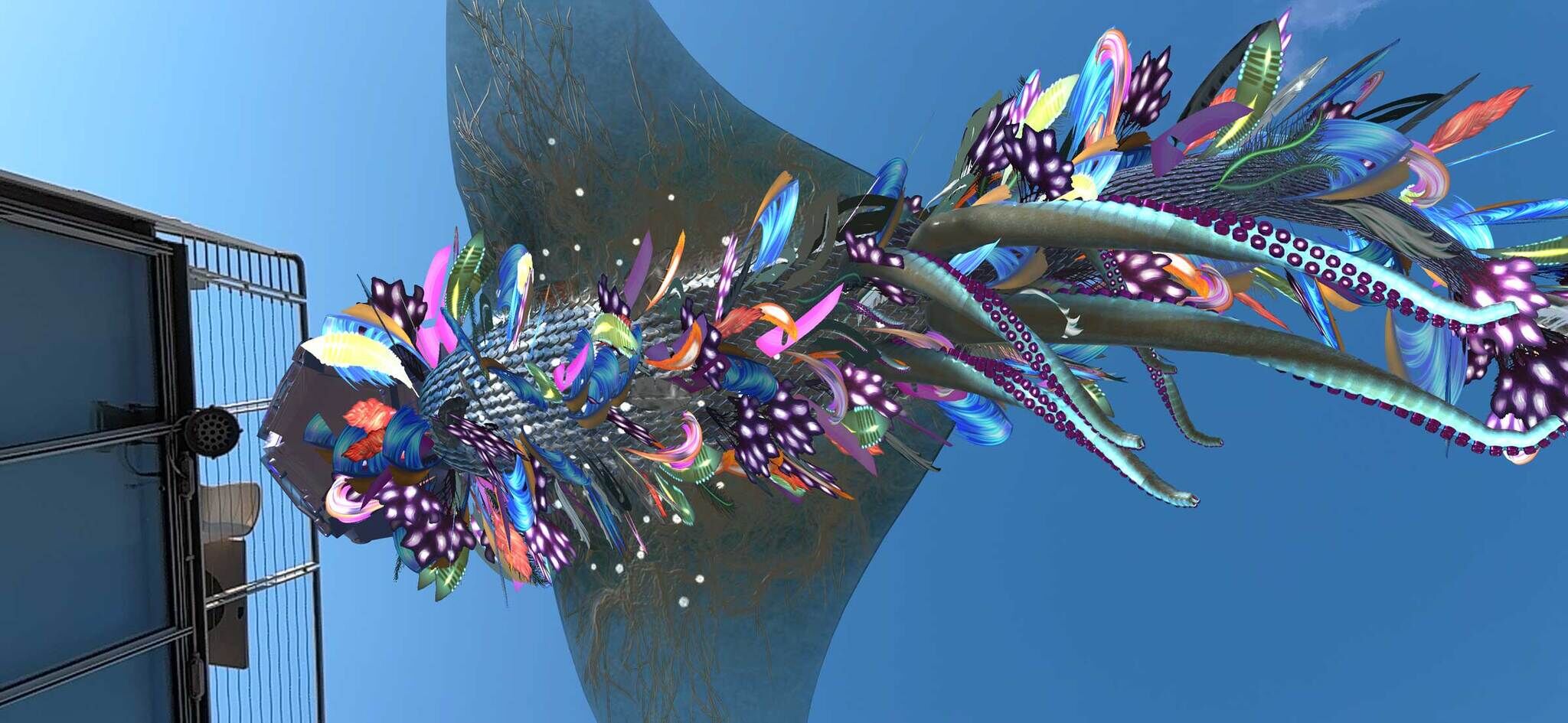 A large creature floats over a sunny sky with many feathers fluttering around its body and it's wings spread. 