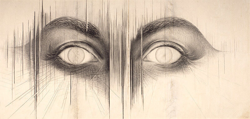 Eyes sketched in pencil staring out without pupils.