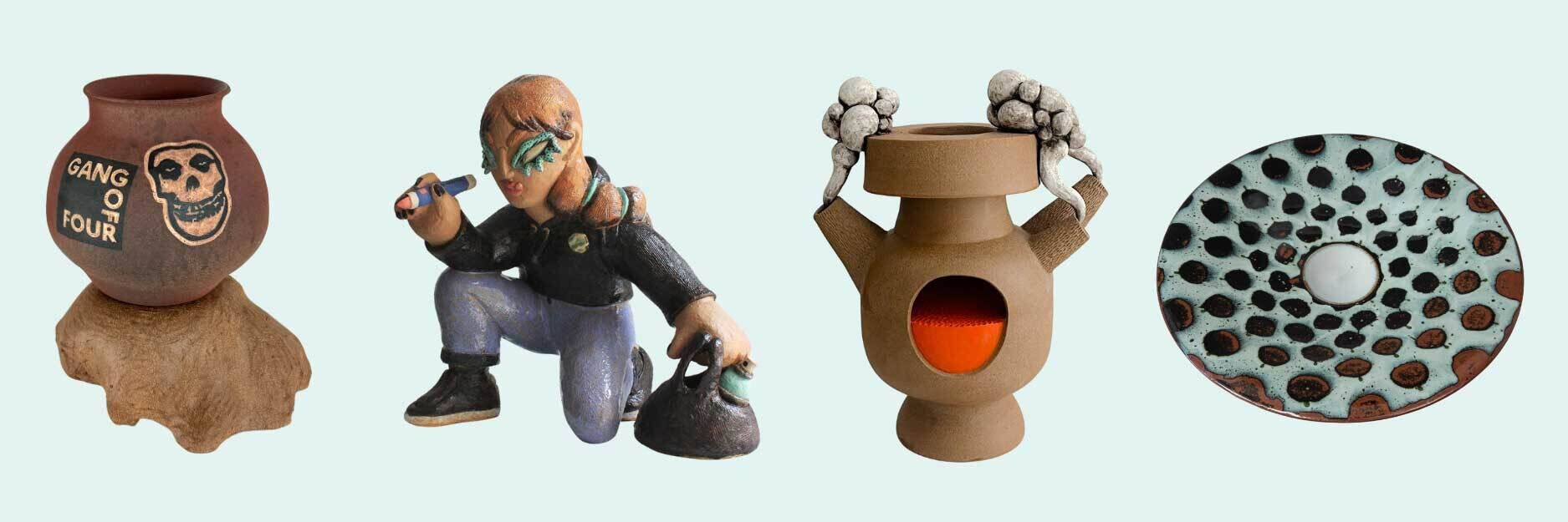 Four ceramic art pieces: a pot with "GANG OF FOUR" text, a crouching figure, a vessel with handles, and a spotted plate.