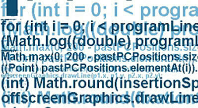 Rows and rows of computer code layered over each other in various shades of blue.