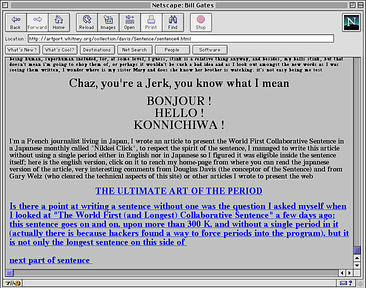 A web browser window displays an article about the World’s Longest Collaborative Sentence, with greetings in English, French, and Japanese.