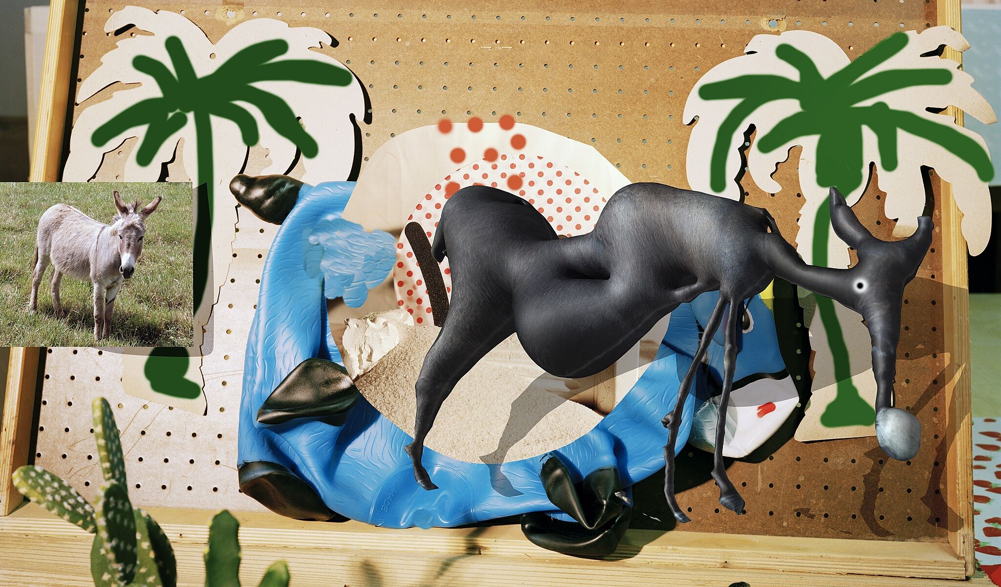 A computer-generated image that looks like a collage with a stylized donkey and a photograph of a donkey, palm trees, cacti, and an oasis