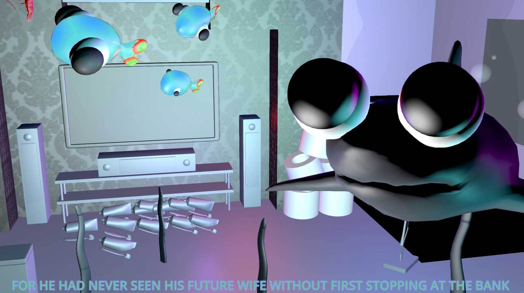 Large-eyed creature in a room with floating fish and scattered cans. Text: "For he had never seen his future wife without first stopping at the bank."