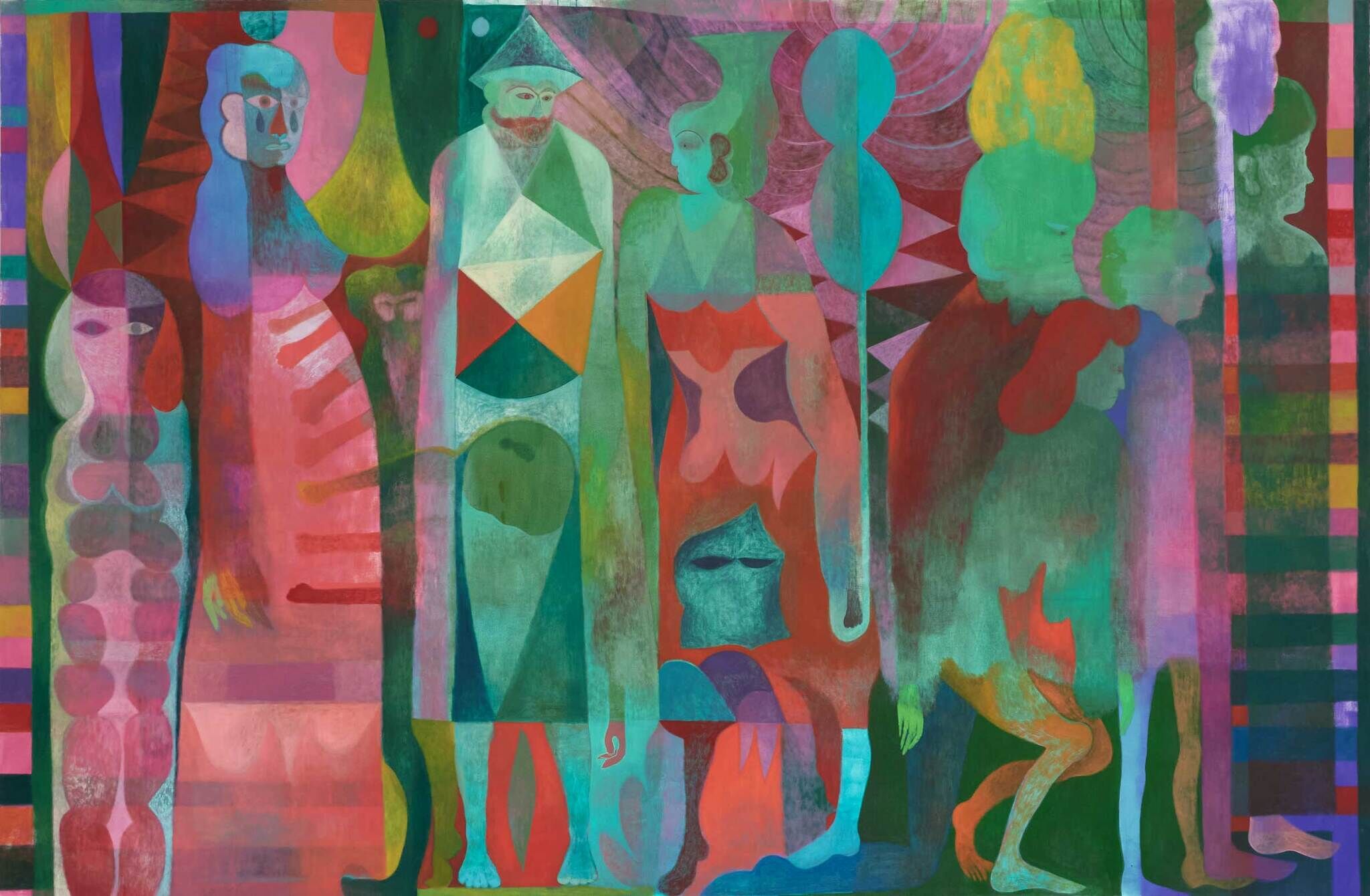Colorful abstract painting with stylized human figures and geometric shapes.