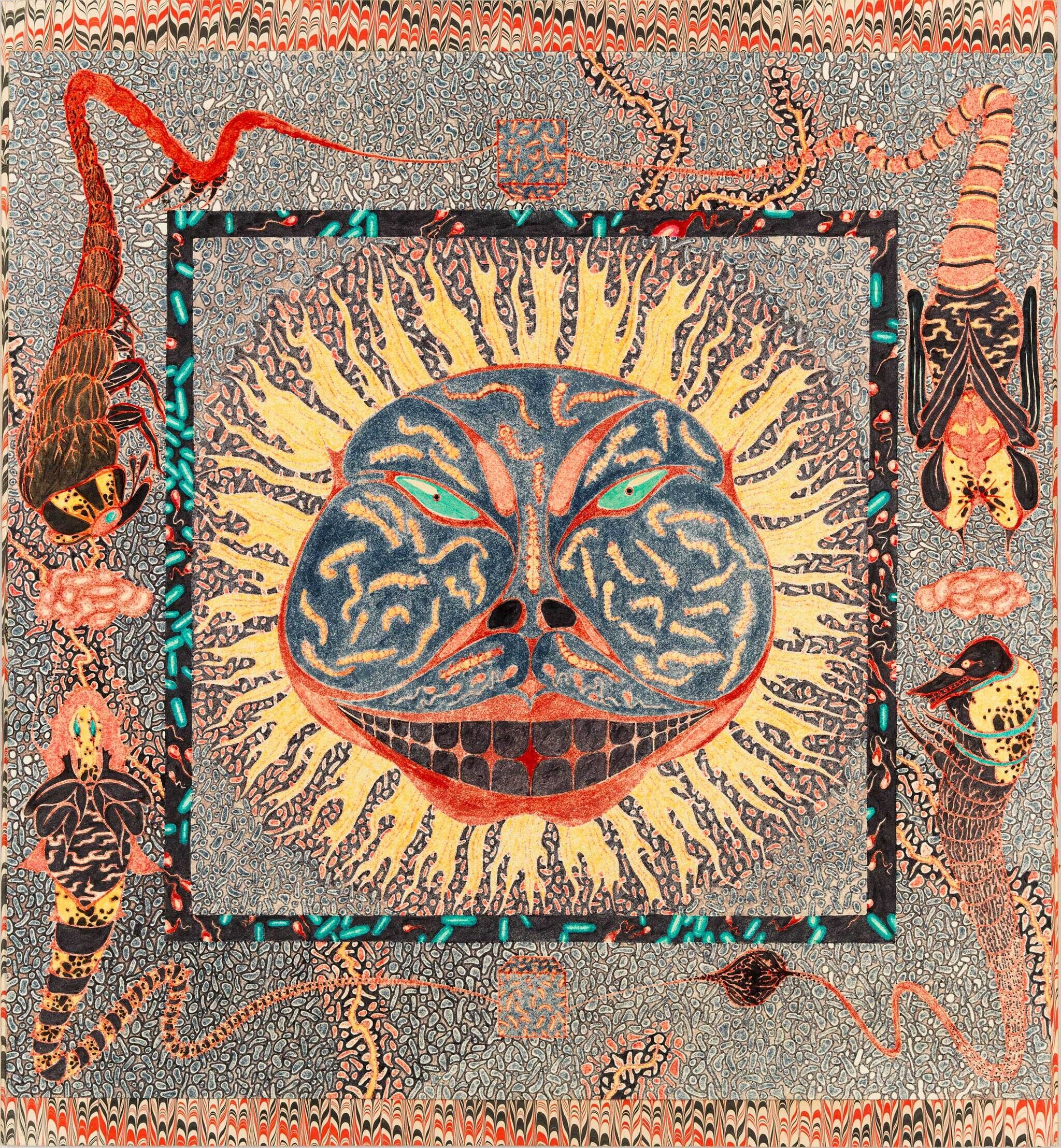 A large sun with a face and sharp teeth is surrounded by snakes, scorpions, and patterned designs.