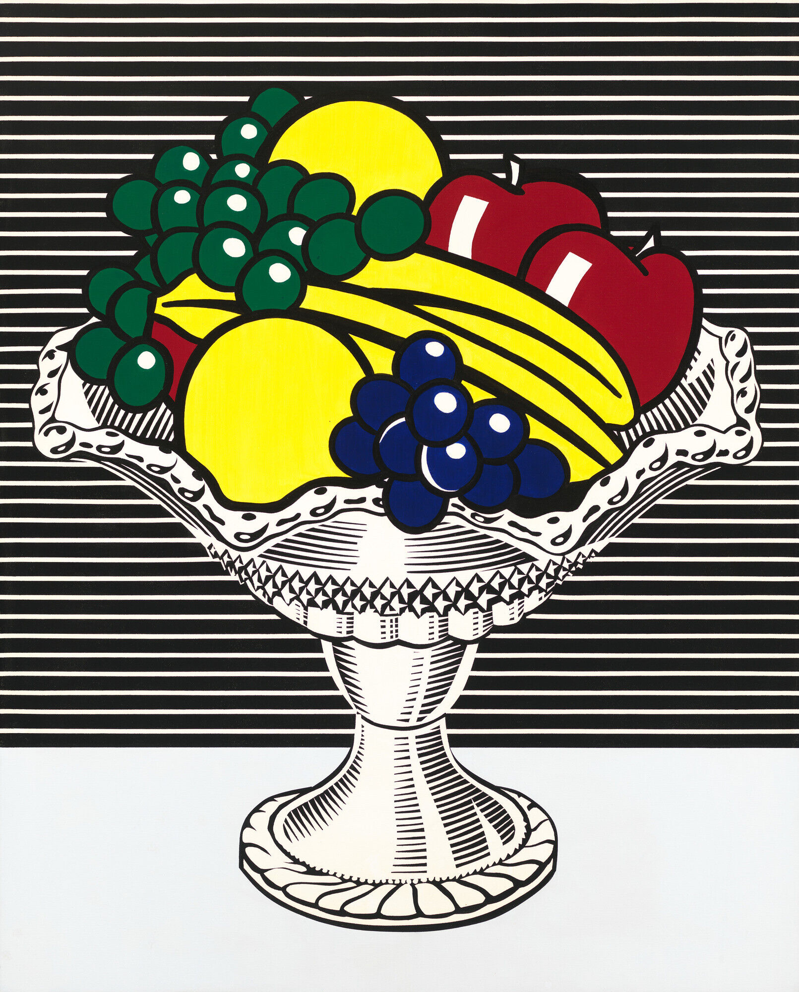 A bowl with colorful fruit, including bananas, apples, grapes, and lemons, drawn in a bold cartoon style.