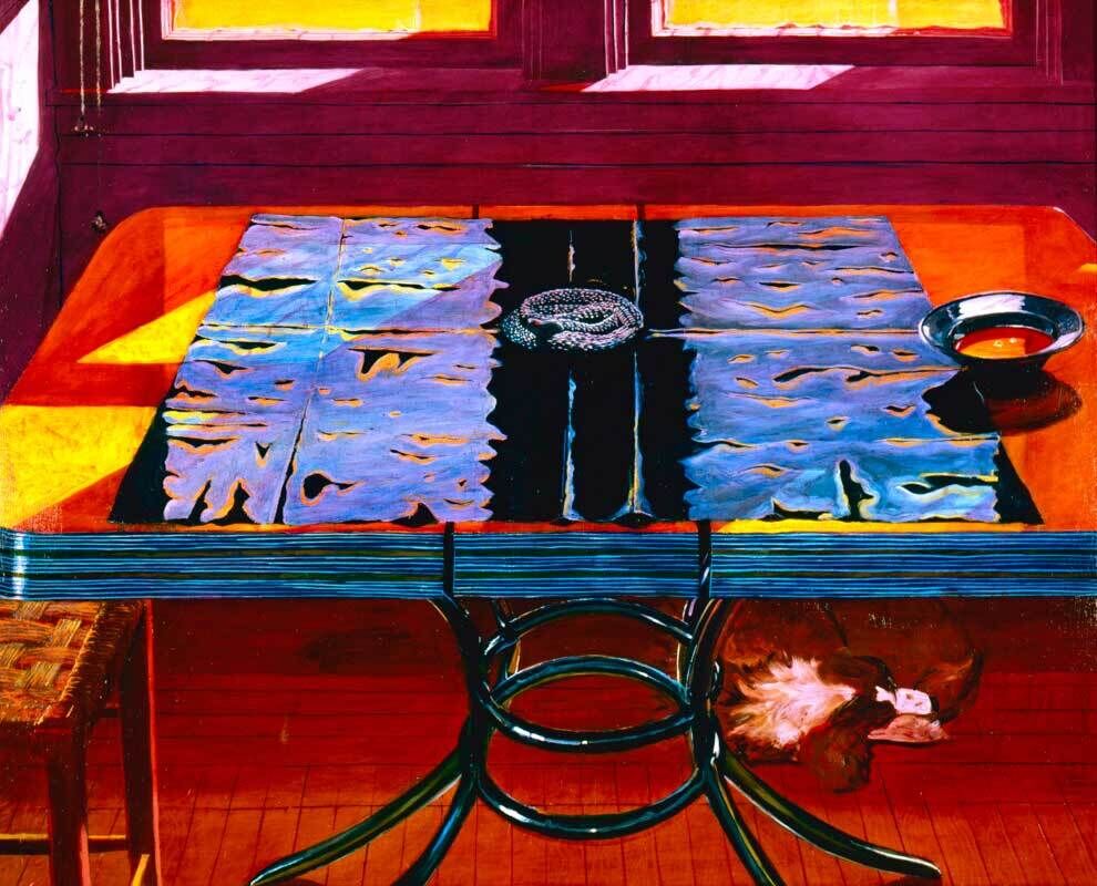A painting of a table beneath a window, with a coiled rope and a bowl on its reflective surface. The table's top appears like rippling water, and sunlight streams through the window, casting vivid colors across the room