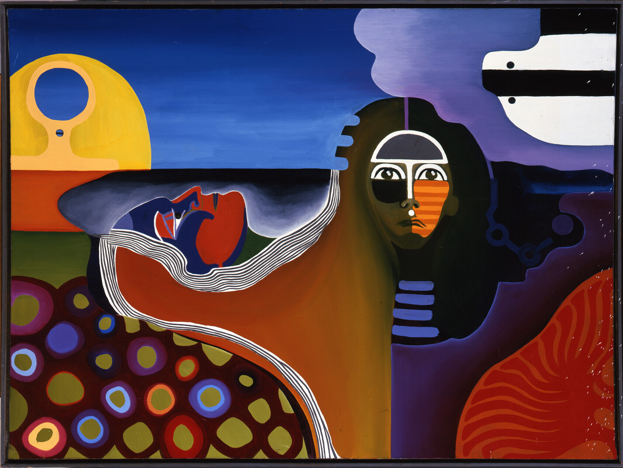 Abstract painting with a face in the center, a reclining figure, bold colors, and geometric shapes throughout.