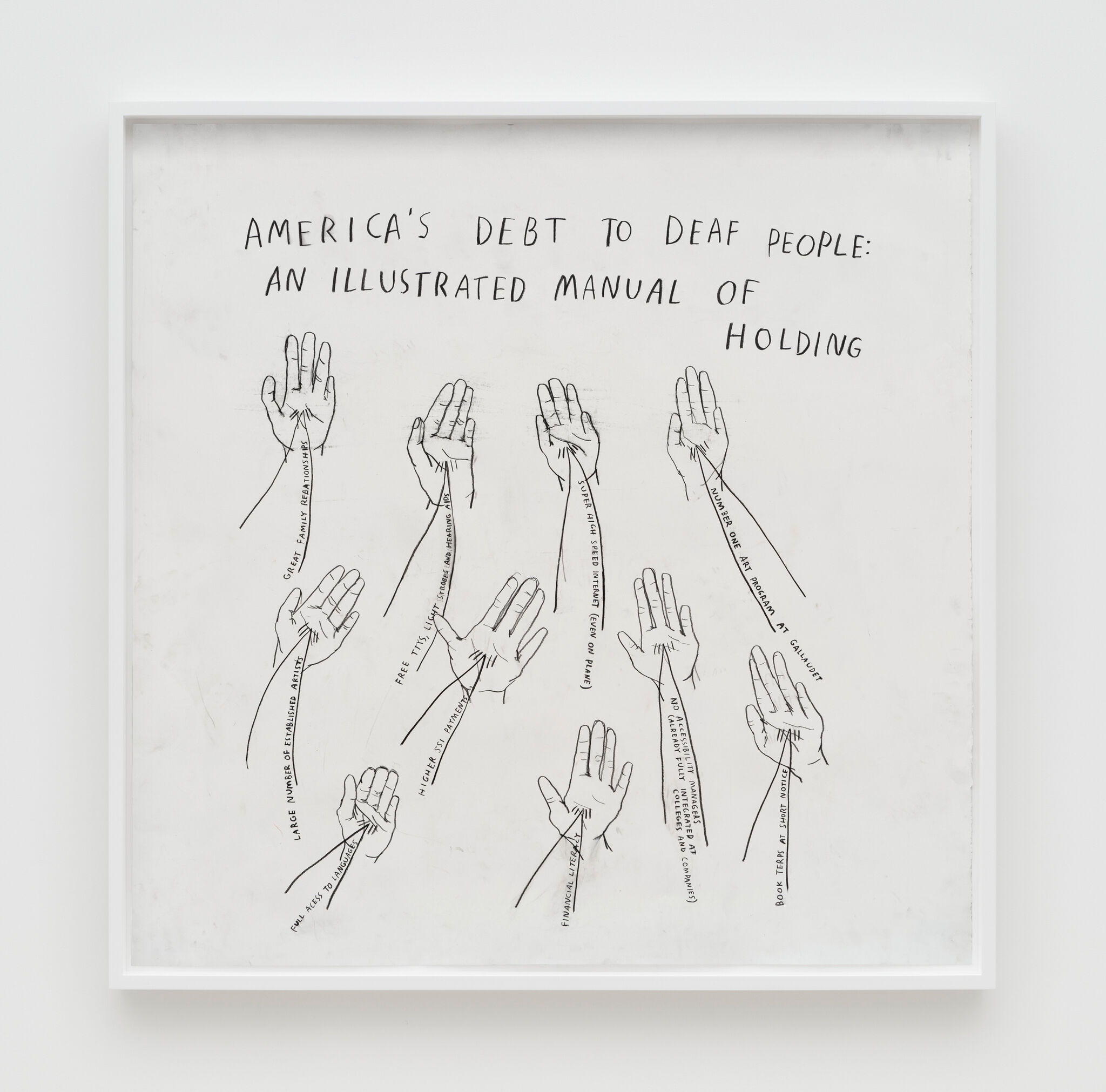 Handwritten lines of uneven penciled capital letters say: “America’s Debt to Deaf People” at the top of the page above ten pencil drawings of left hands palms facing us. A swooping wedge shape runs into each hand, each with words describing an aspect of a rich life experience not always accessible to the Deaf community, such as “great family relationships” and “high speed internet.”
