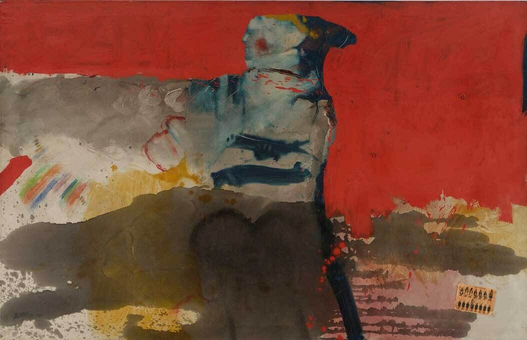 Abstract painting with bold red, gray, and blue areas, splashes of color, and a small grid of black shapes.