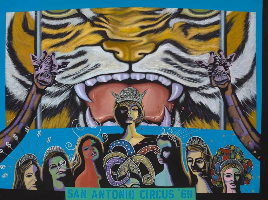 A large tiger with an open mouth is behind women in crowns and the text “San Antonio Circus ‘69.”