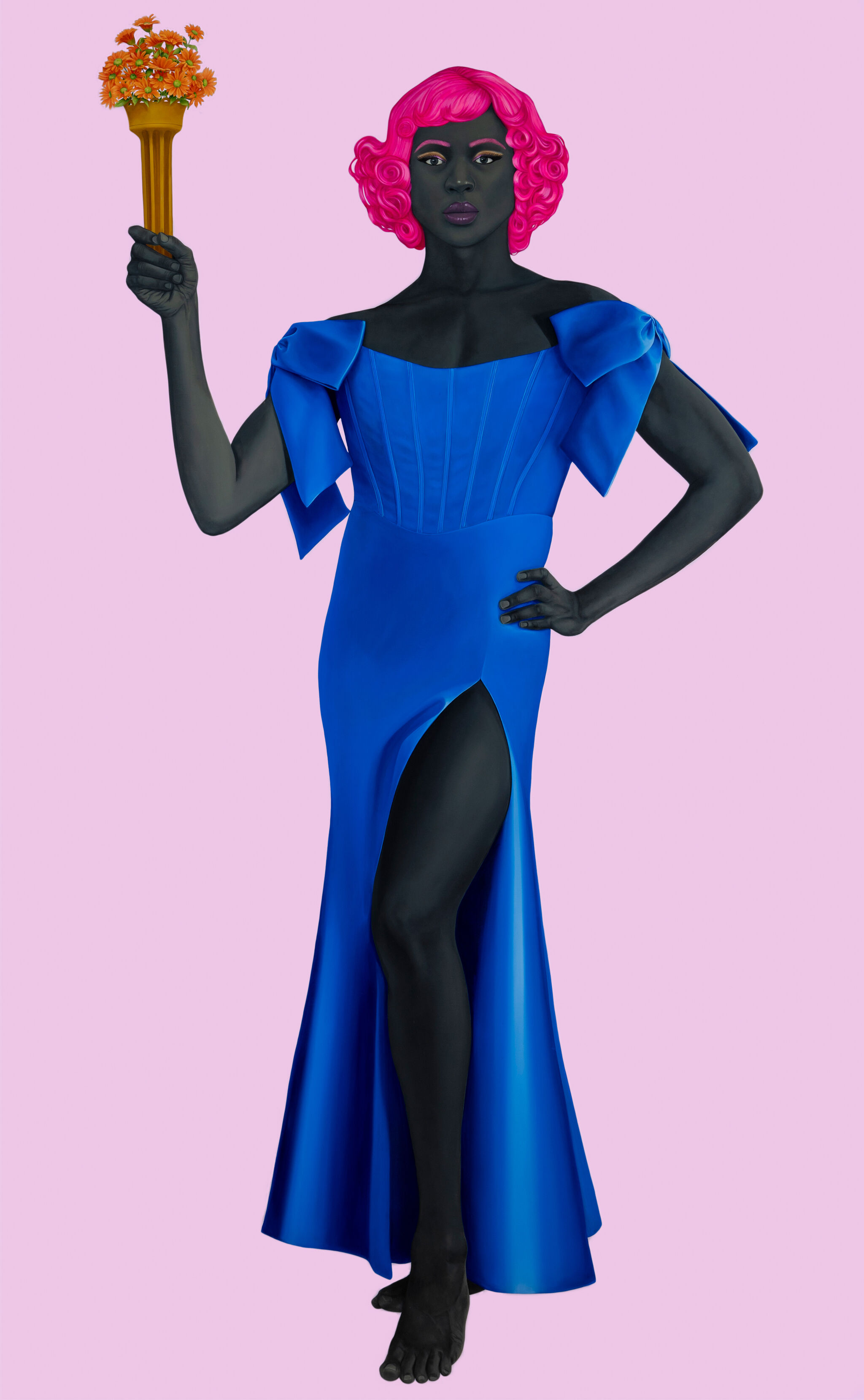 Person with pink hair in a blue dress holds a torch with orange flowers, standing against a light pink background.