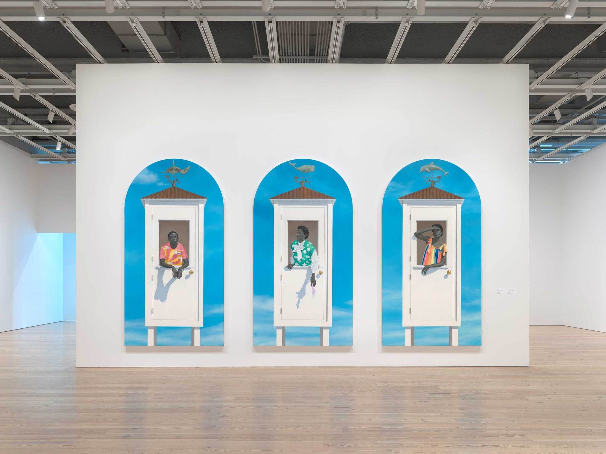 Three large paintings show people sitting in white guardhouse structures against a bright blue sky background.