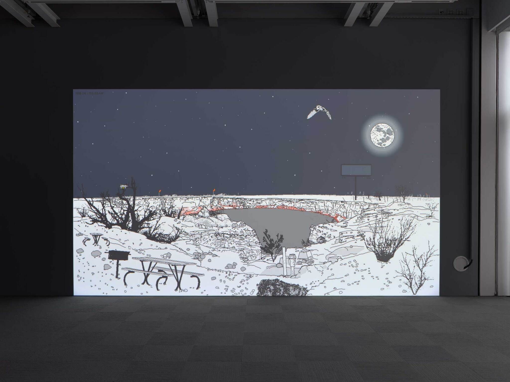 A digital artwork shows a snowy landscape at night with a picnic table, a pond, and a full moon.