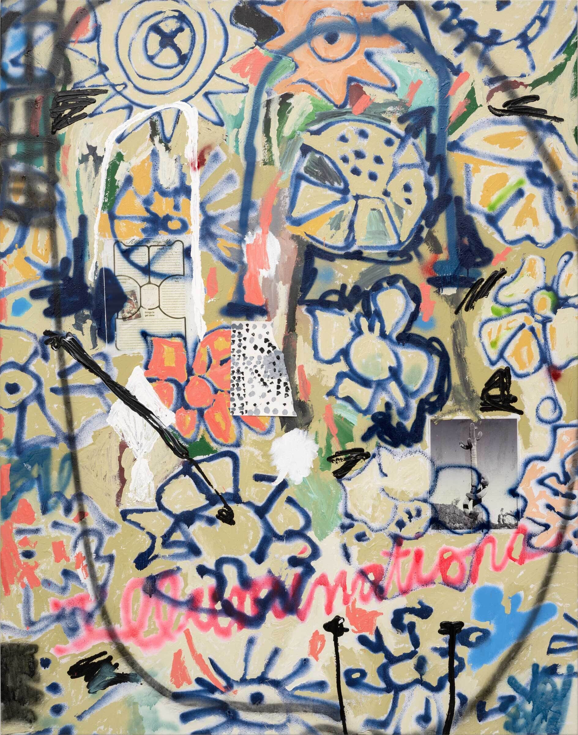 Colorful abstract graffiti with flowers, shapes, and the word “illuminations” in pink spray paint across the center.