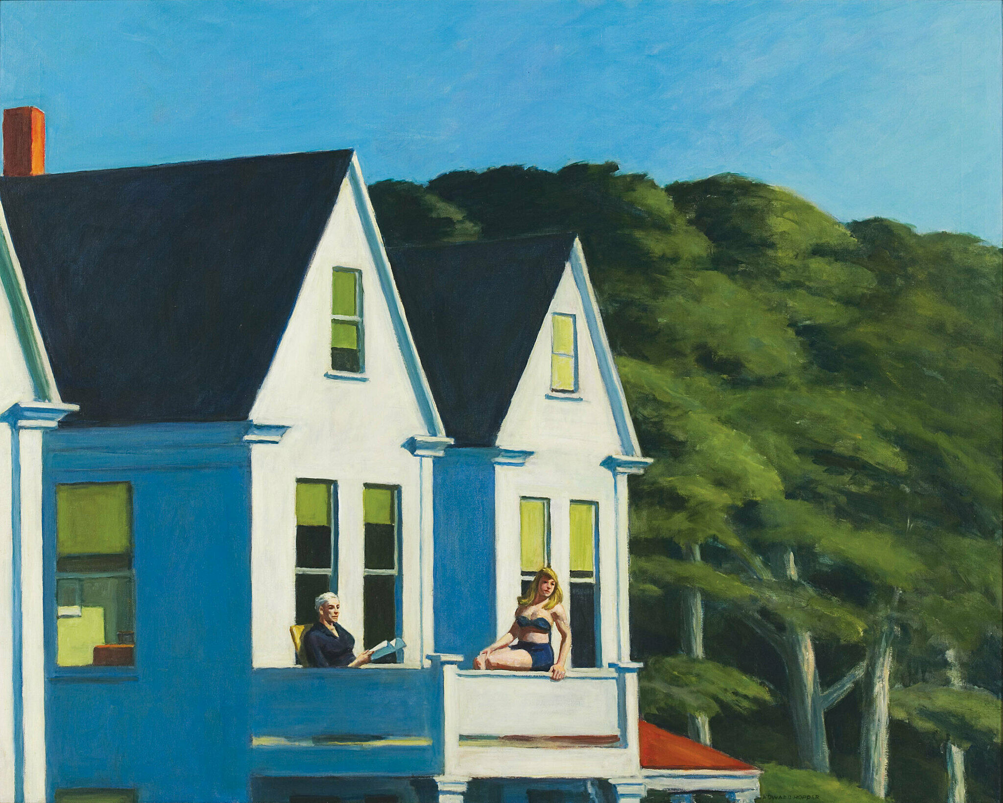 A painting by Edward Hopper. A woman and man sit in the sun on a second-story balcony.