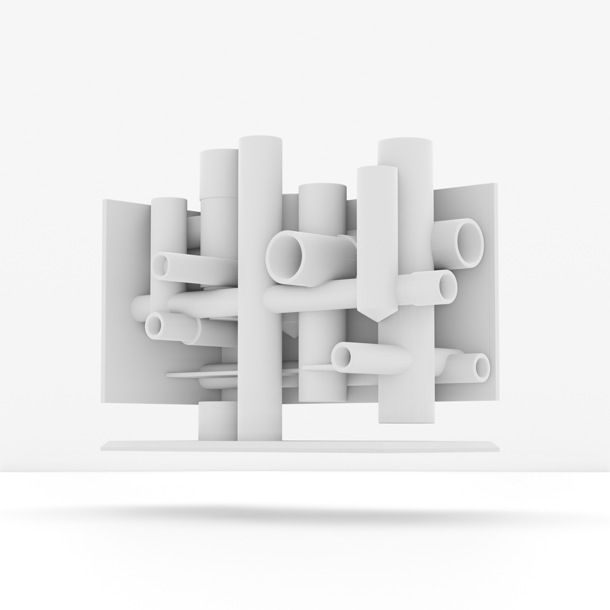 3D rendering of an abstract composition with cylindrical shapes on a white background.