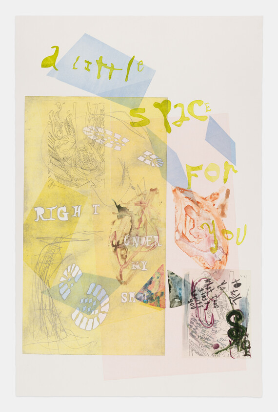 Abstract artwork with layered colors and text reading, "a little space for you right under my skin."