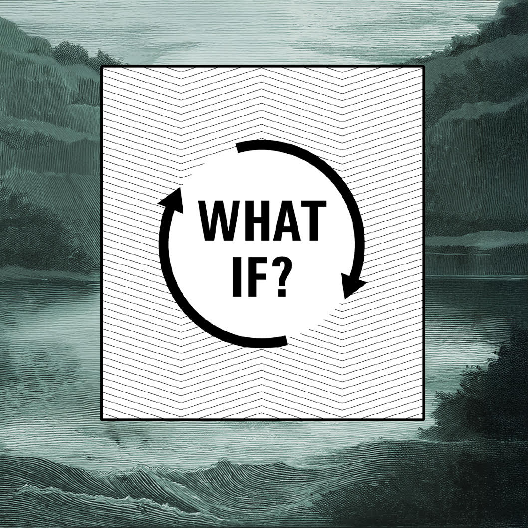 A deck of playing cards is arrayed in a tight circle against a black and white woodcut of a river flowing in a deep ravine between two high riverbanks. The top card has a yellow background with red text that says "What If?"