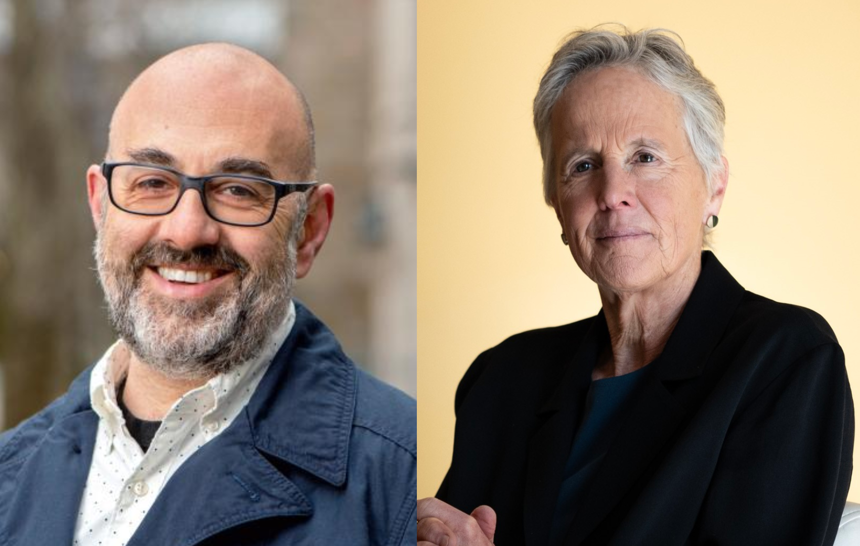 Two people are shown side by side, both looking directly at the camera with neutral expressions.